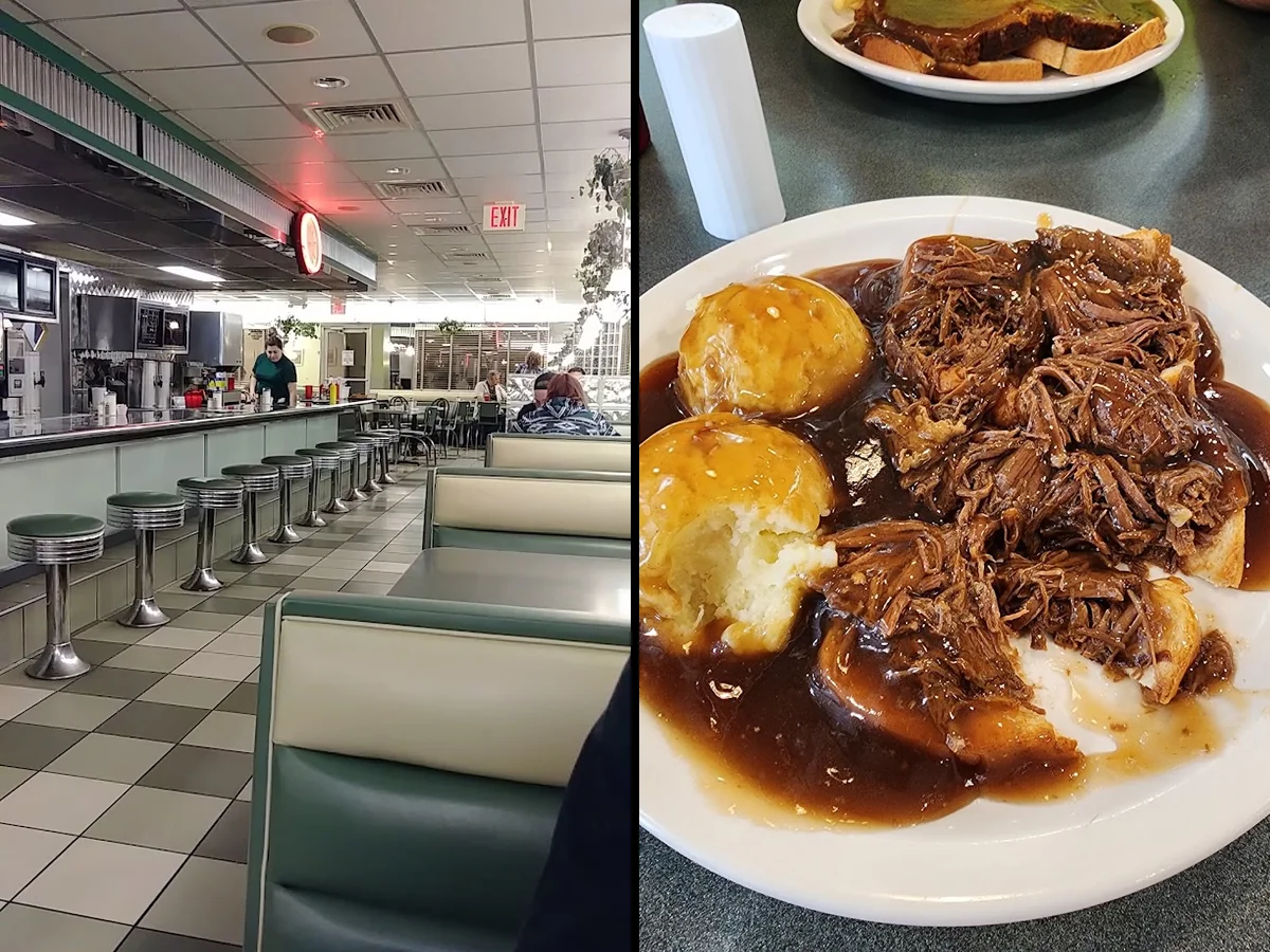 Counter seating inside a 1950s-style breakfast diner.