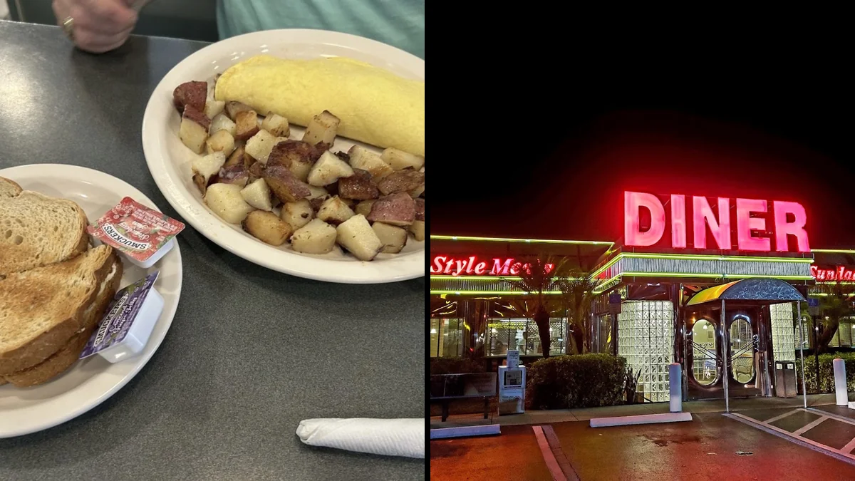 Counter seating inside a 1950s-style breakfast diner.